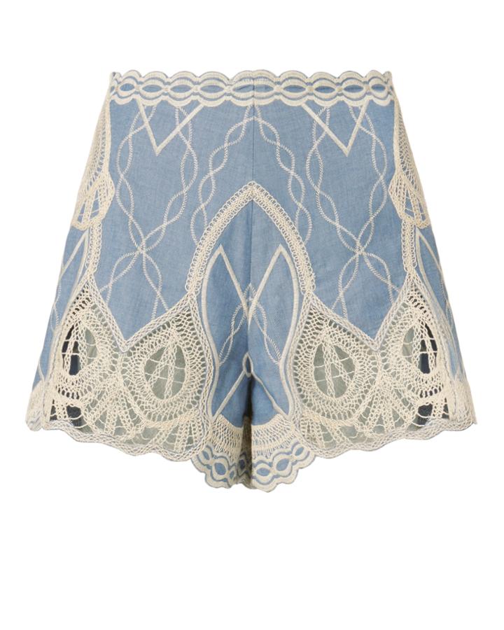 Jonathan Simkhai Chambray Crochet Embroidered Shorts