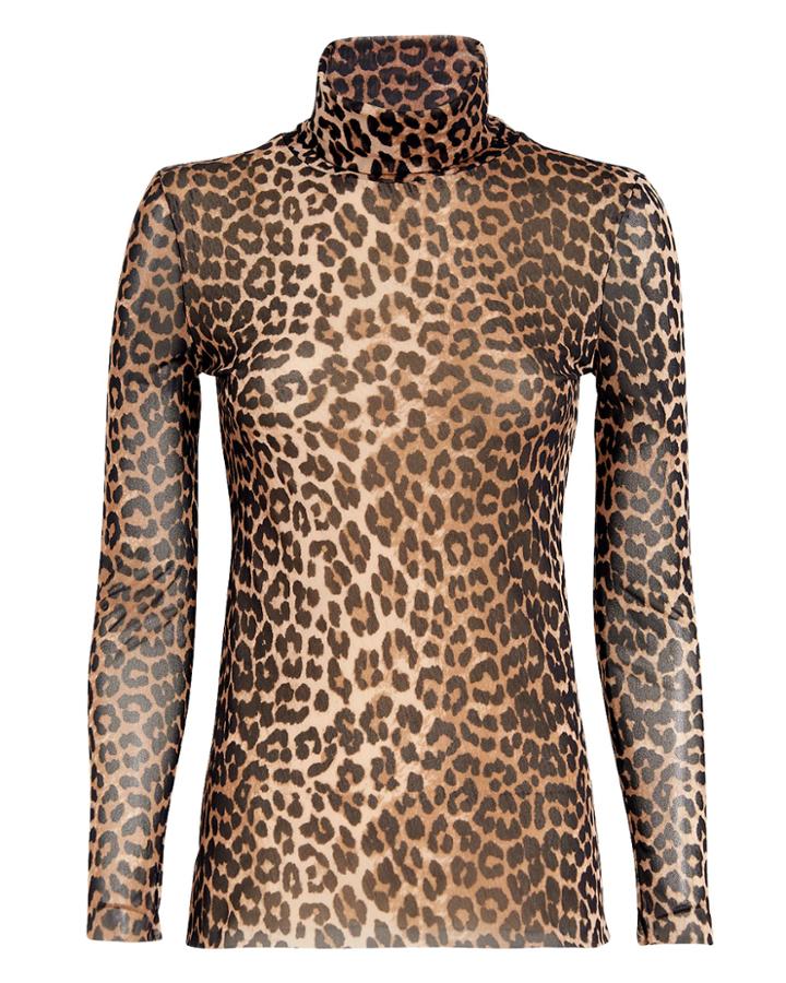 Ganni Printed Mesh Leopard Turtleneck Brown 36