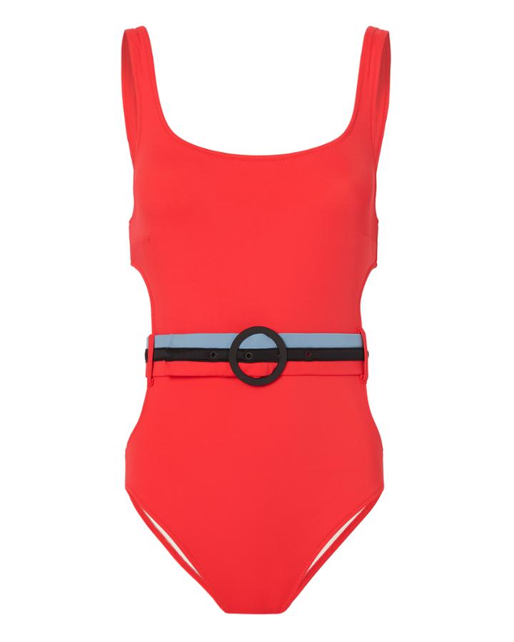 Solid & Striped Joan Belted Cutout One Piece Swimsuit Red M