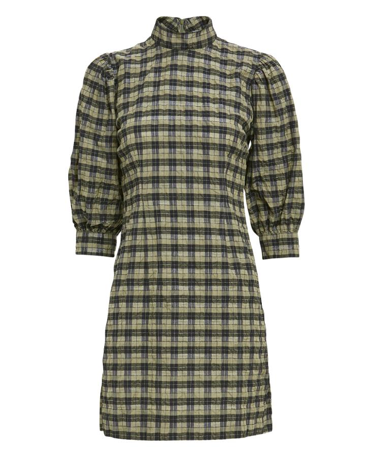 Ganni Checked Seersucker Mini Dress Aloe Green 36