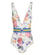 Zimmermann Allia Floral Belted One Piece Swimsuit White/floral 2