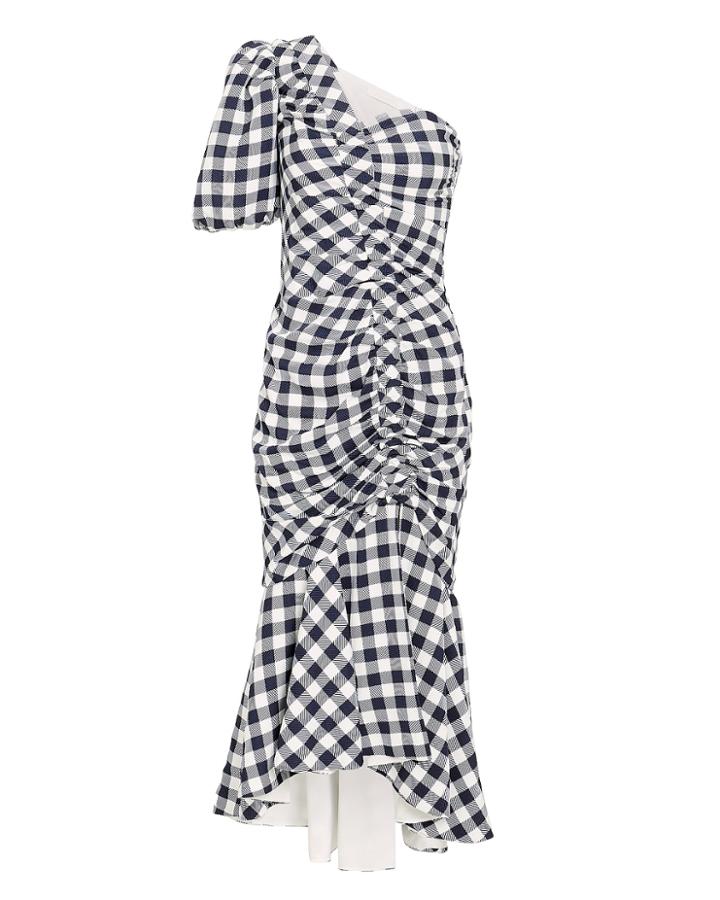 Jonathan Simkhai Lux Twill One-shoulder Gingham Dress Navy Gingham 4