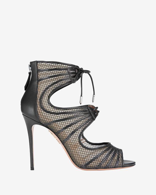 Aquazzura Mesh Lace Up Leather Sandal: Black