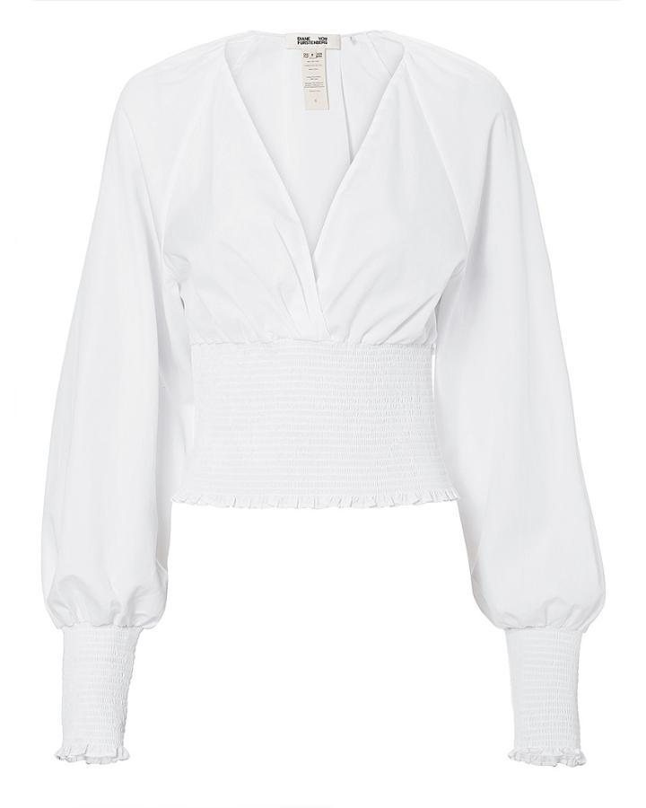 Diane Von Furstenberg Smocked Poplin Long-sleeved Blouse White Zero