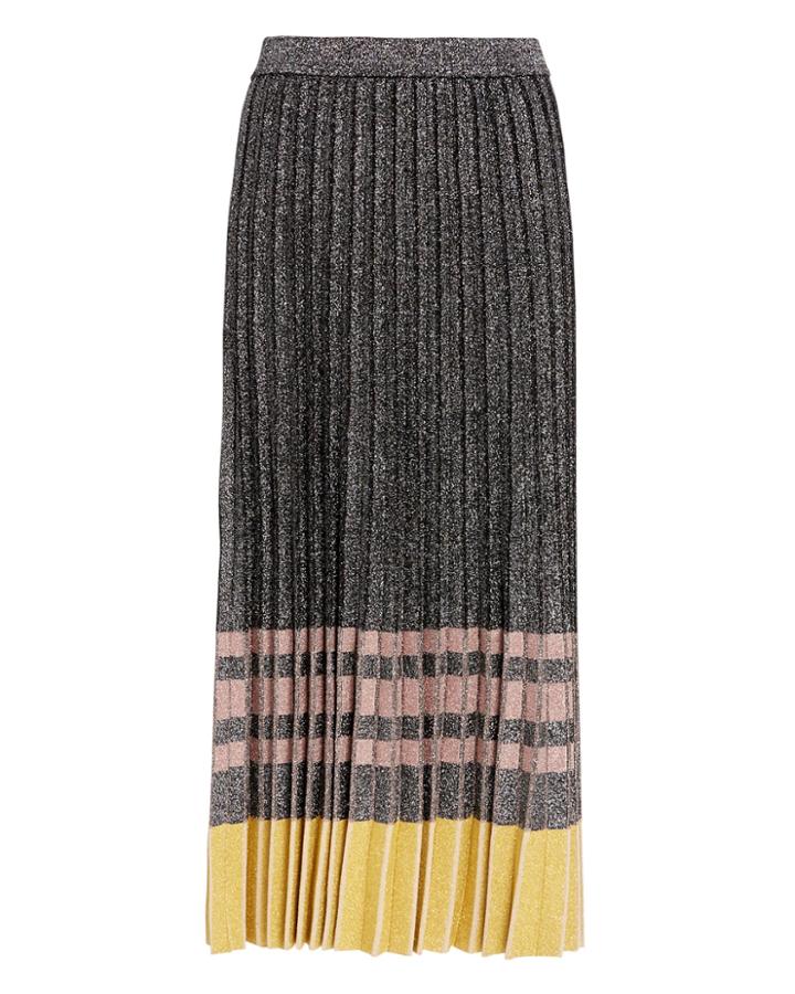 Derek Lam 10 Crosby Pleated Lurex Knit Skirt Metallic Silver L