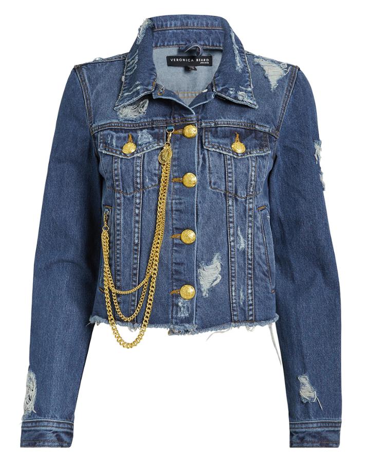 Veronica Beard Cara Chain Detail Denim Jacket Medium Blue Denim P