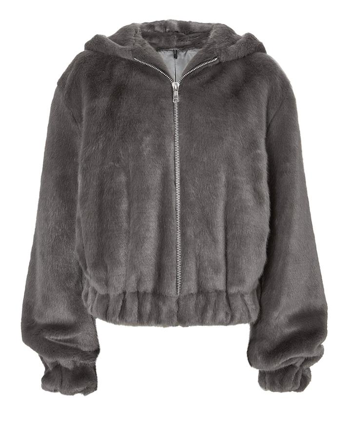 Helmut Lang Grey Faux Fur Hooded Bomber Jacket Grey P