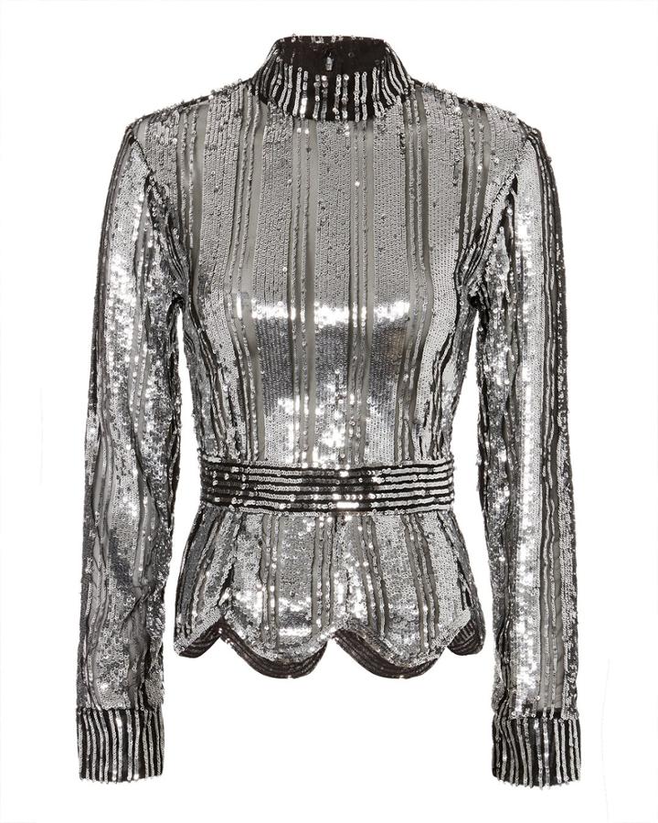 Derek Lam 10 Crosby Mock Neck Sequin Top Silver 8