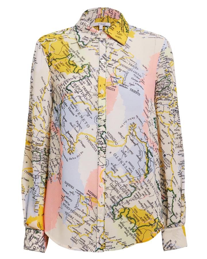 Derek Lam 10 Crosby Map Print Button Down Shirt White/yellow/blue 4