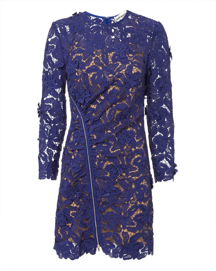 Self-portrait Zip Detail Blue Guipure Lace Mini Dress Cobalt Blue/nude 8