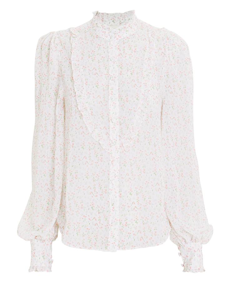 Devine Heritage Floral Button Down Ruffled Top Ivory Floral P
