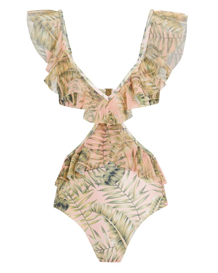 Suboo Palma Ruffle Cutout One Piece Swimsuit Pale Pink/green 6
