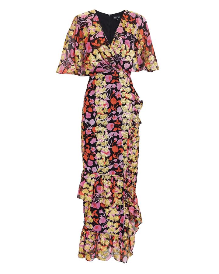 Saloni Cape Overlay Metallic Floral Midi Dress Black/floral 4