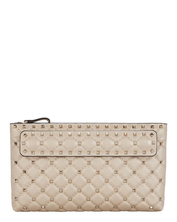 Valentino Garavani Spike Hand Strap Leather Clutch Beige 1size