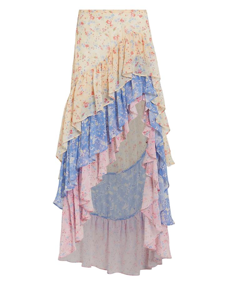 Love Shack Fancy Loveshackfancy Lisette Silk High-low Skirt Mixed Floral 4