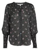 Veronica Beard Maree Smocked Accent Blouse Black/white/red 6