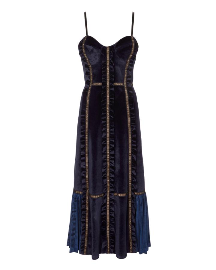 Self-portrait Velvet Paneled Midi Dress Blue-drk 2