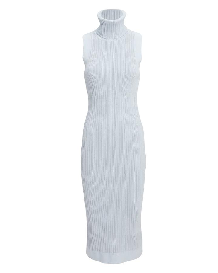 Brandon Maxwell Giselle Ribbed Knit Turtleneck Midi Dress Light Blue S