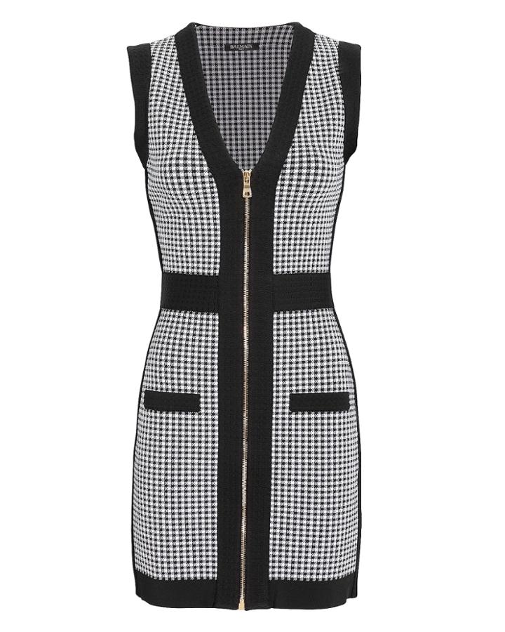 Balmain Houndstooth Zip-up Mini Dress Blk/wht 40