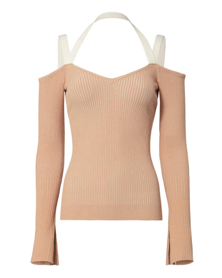 Torn Ronny Kobo Julia Strap Detail Off Shoulder Knit Top Beige P