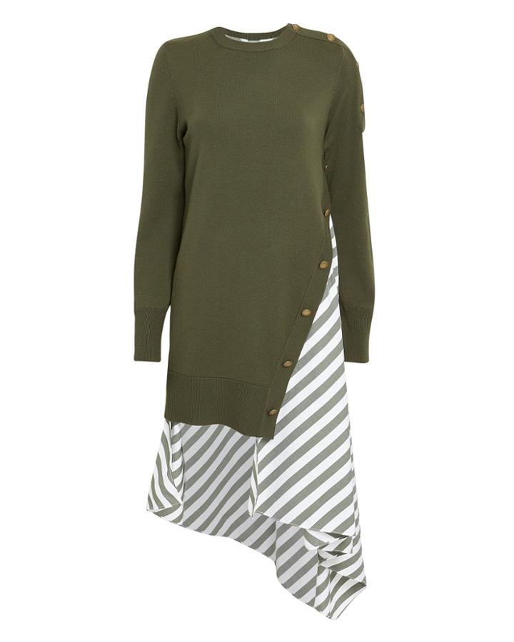 Monse Olive Striped Poplin Contrast Knit Dress Olive/white P