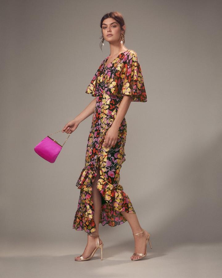 Saloni Cape Overlay Metallic Floral Midi Dress Black/floral Zero