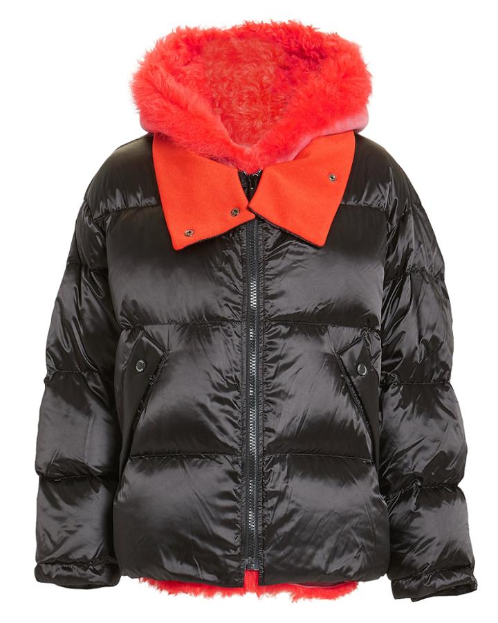Yves Salomon Orange Shearling Trim Puffer Jacket Black 36