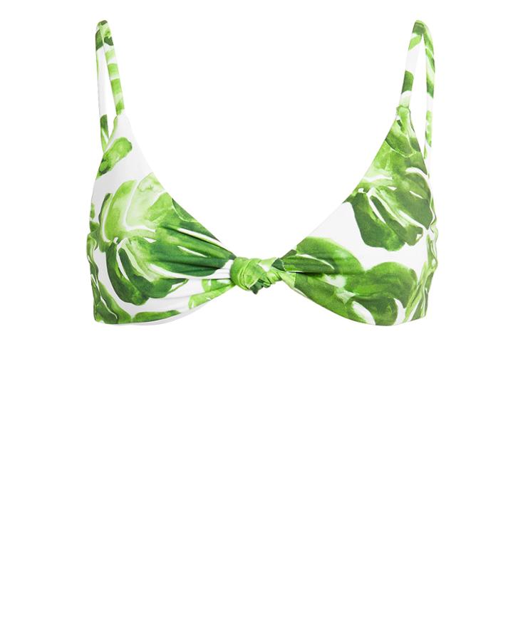Caroline Constas Mer Marta Palm Print Knot Front Bikini Top White/green S