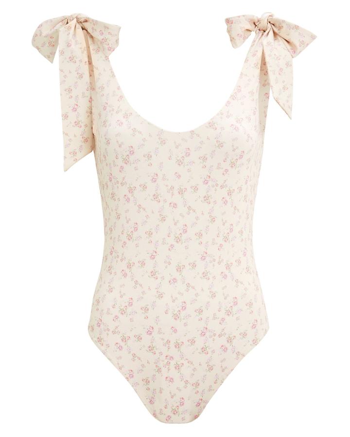 Love Shack Fancy Loveshackfancy Posy Tie Shoulder One Piece Swimsuit Ivory/pink Floral S