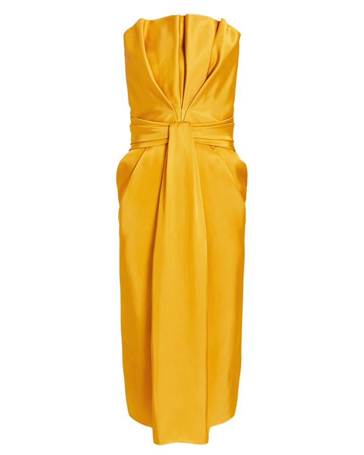 Brandon Maxwell Petal Front Strapless Dress Yellow Zero