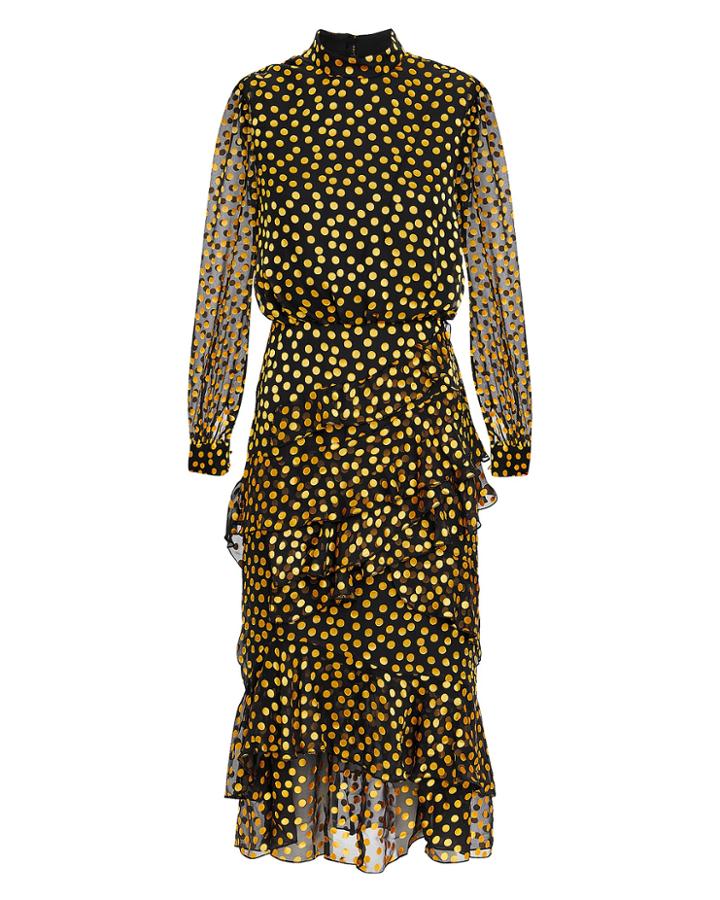 Saloni London Saloni Isa Polka Dot Ruffle Midi Dress Black/yellow Polka Dot Zero