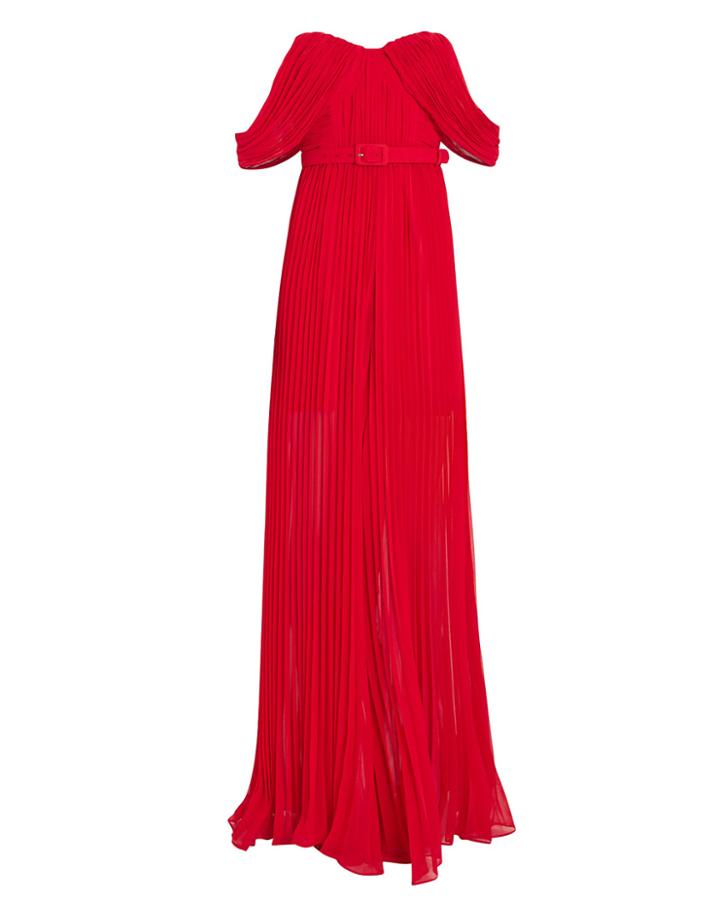 Self-portrait Georgette Off-the-shoulder Pleated Jumpsuit Red 4