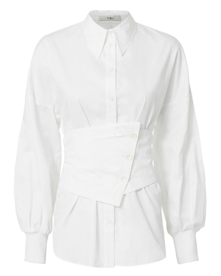 Tibi Satin Poplin Corset Shirt White P