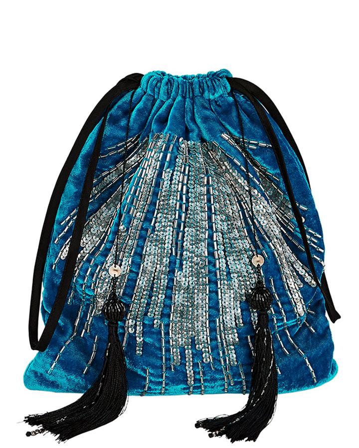 Attico Embroidered Velvet Blue Pouch Clutch Blue-med 1size