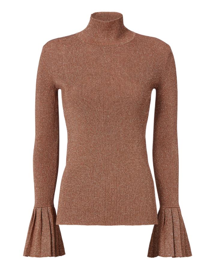 Carven Lurex Pleated Rose Gold Turtleneck