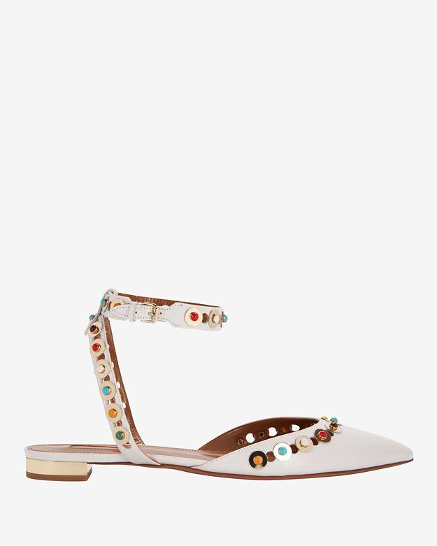 Aquazzura Byzantine Studded Leather Flat: White