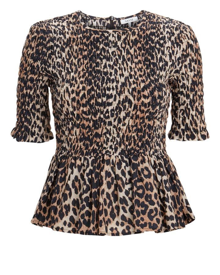 Ganni Leo Leopard Print Smocked Top Brown/leopard 38