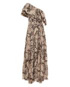 Solace London Rosa One Shoulder Ruffle Dress Beige/snakeskin 6