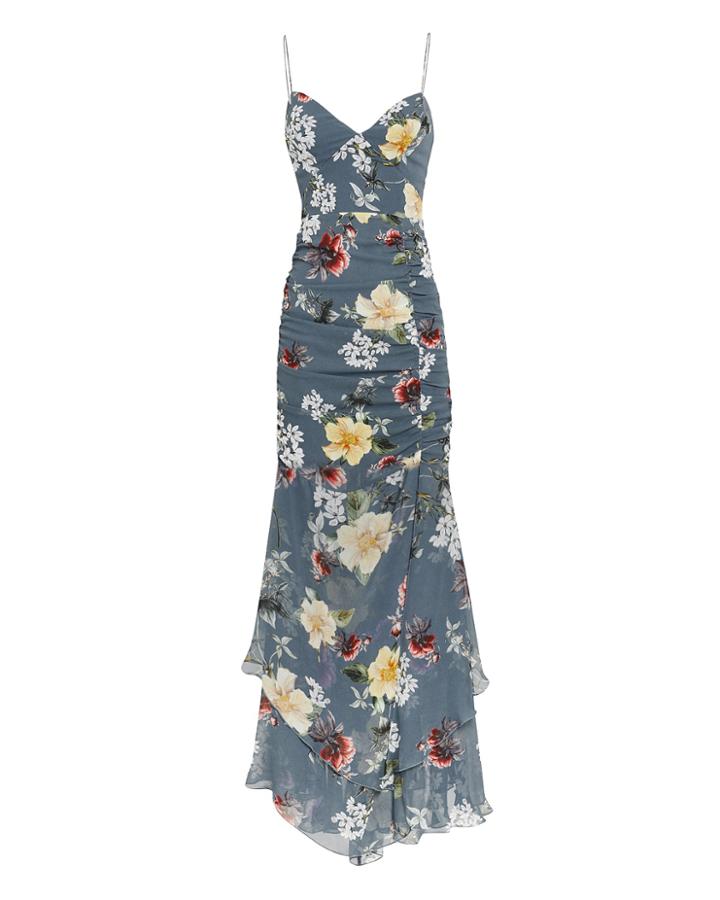 Nicholas Slate Floral Ruched Maxi Dress Slate Blue Zero