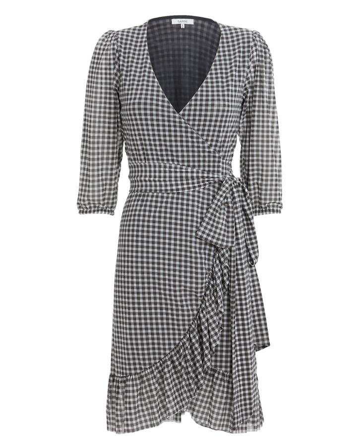 Ganni Gingham Wrap Mini Dress Black/white 38