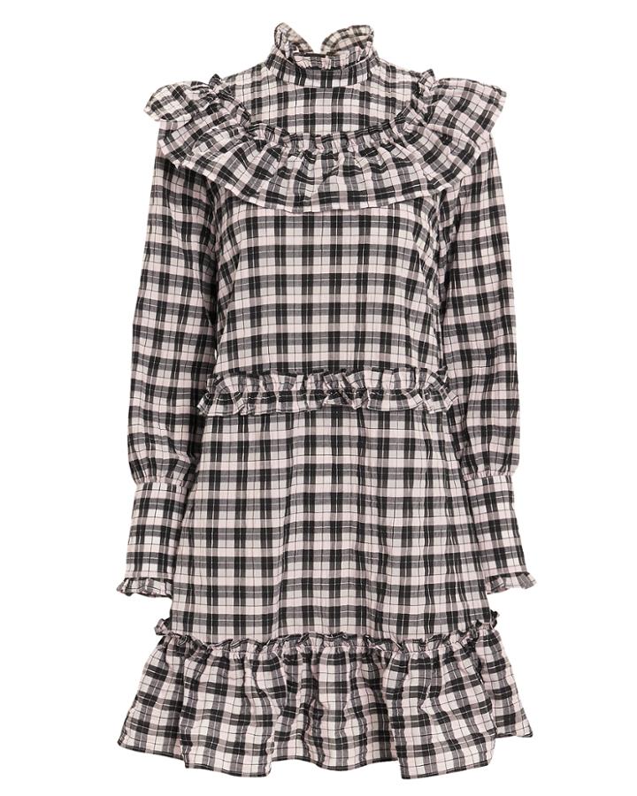 Ganni Pink Checked Seersucker Mini Dress Pink/black 40