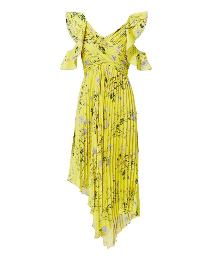 Self-portrait Cold Shoulder Asymmetric Floral Dress Yellow 2