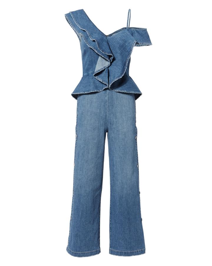 Jonathan Simkhai Ruffled Denim Wide Leg Jumpsuit Denim Zero