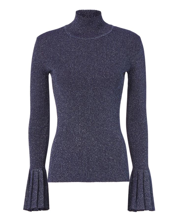 Carven Lurex Pleated Navy Turtleneck