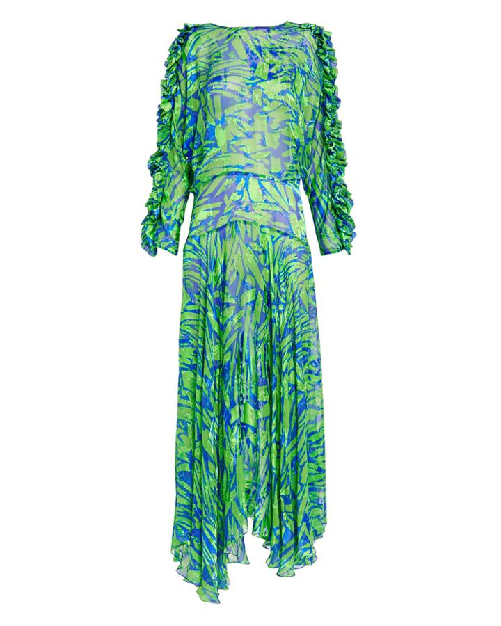 Preen By Thornton Bregazzi Karen Satin Devore Dress Green/blue S