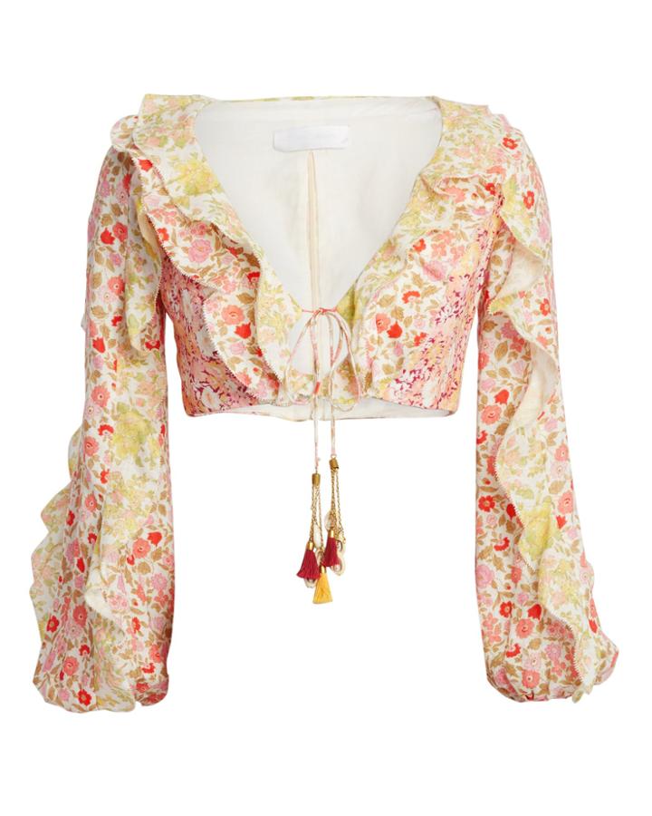 Zimmermann Goldie Tie Ruffle Blouse Purple/red/green Floral 1
