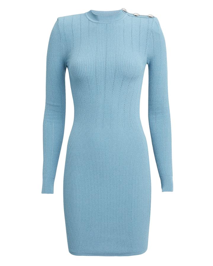Balmain Pointelle Light Blue Knit Mini Dress Light Blue 40