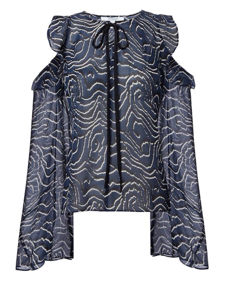 Derek Lam 10 Crosby Printed Cold Shoulder Ruffle Blouse Navy Zero