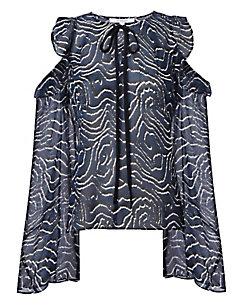 Derek Lam 10 Crosby Printed Cold Shoulder Ruffle Blouse