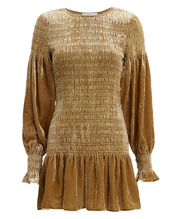 Love Shack Fancy Loveshackfancy Scarlett Smocked Velvet Dress Gold P